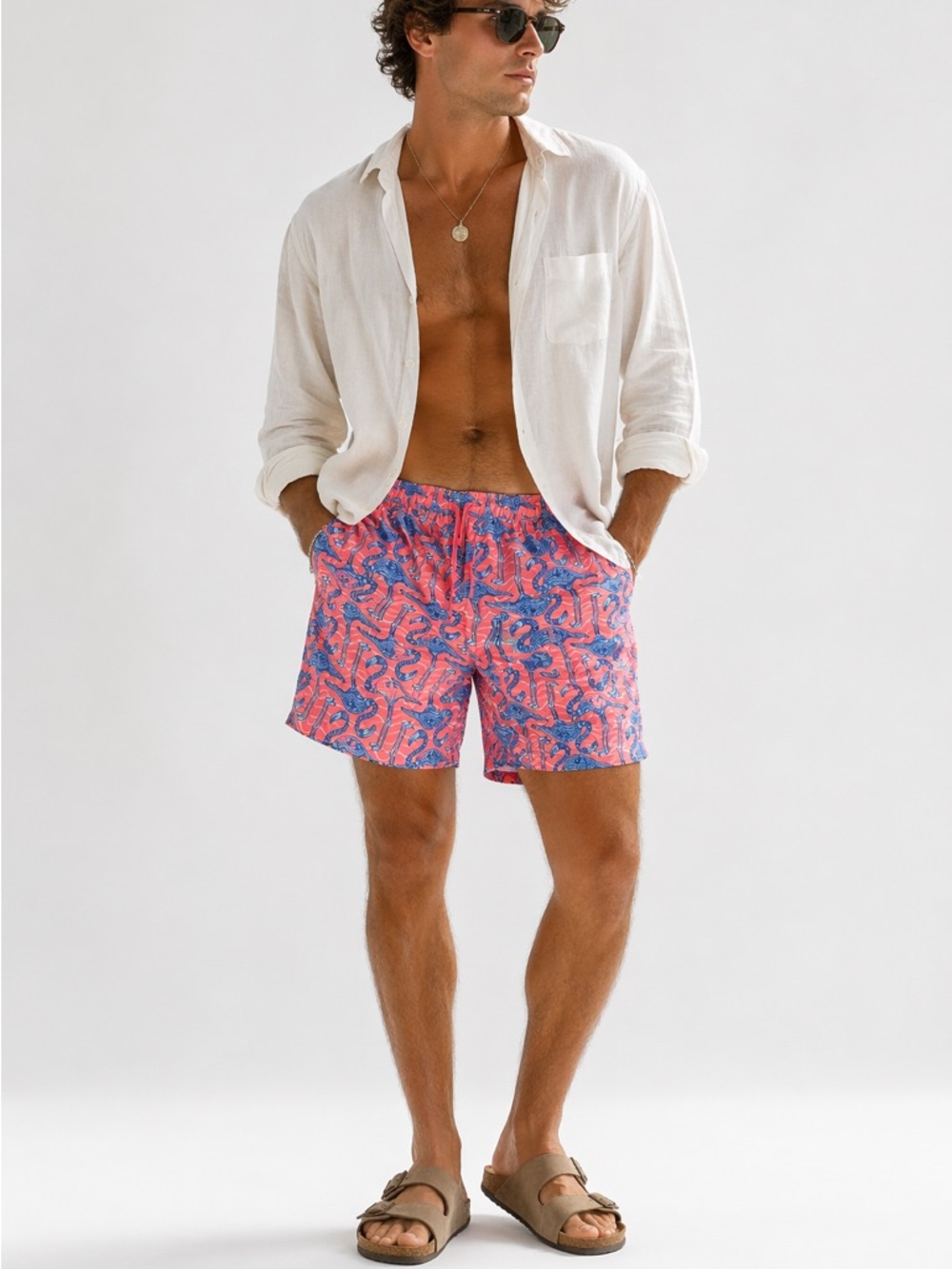 Ted Lapidus Vintage Flamingo Print Swim Trunks XL Pink Blue Lined 7” Inseam